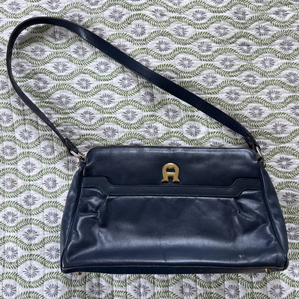 Vintage Navy Blue with Gold Accents Etienne Aigner Leather shoulder purse